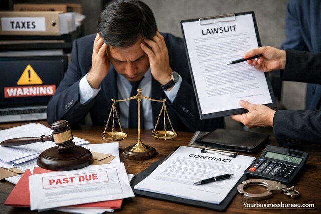 Business owner stressed with legal documents and lawsuit notice showing risks of lacking legal support.