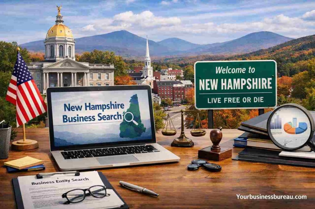 NH business lookup on laptop with New Hampshire background