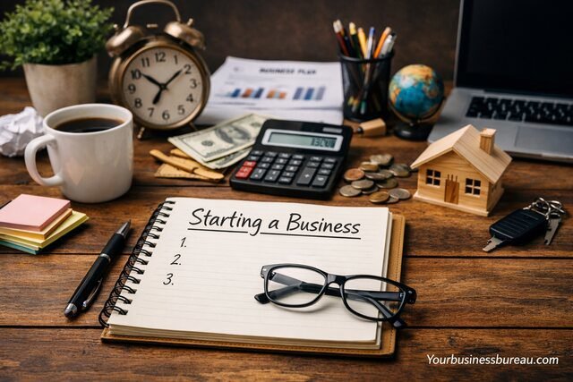 business planning workspace with financial tools and notebook