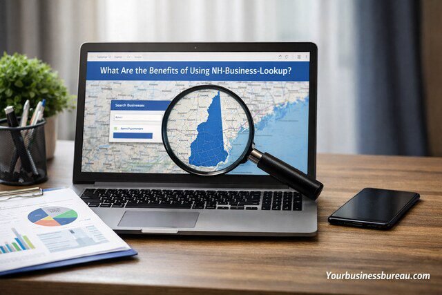 NH Business Lookup search on laptop with map magnifier