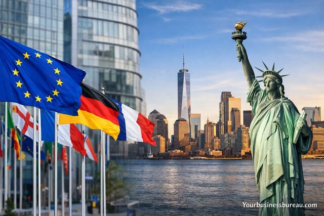 European flags and Statue of Liberty representing EU growth challenges in the US market