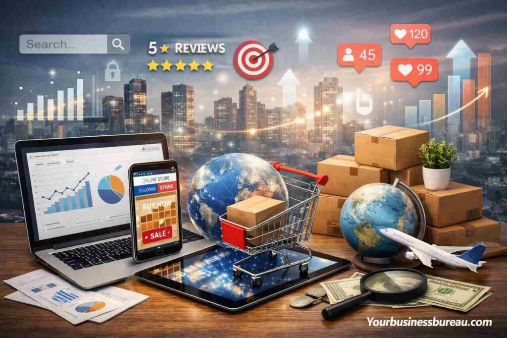 Online business growth strategy with digital tools and global reach