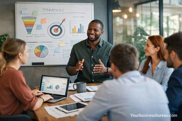 business team discussing growth strategies in office