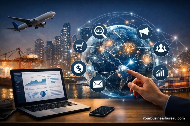 Digital marketing global reach concept with analytics and online growth icons