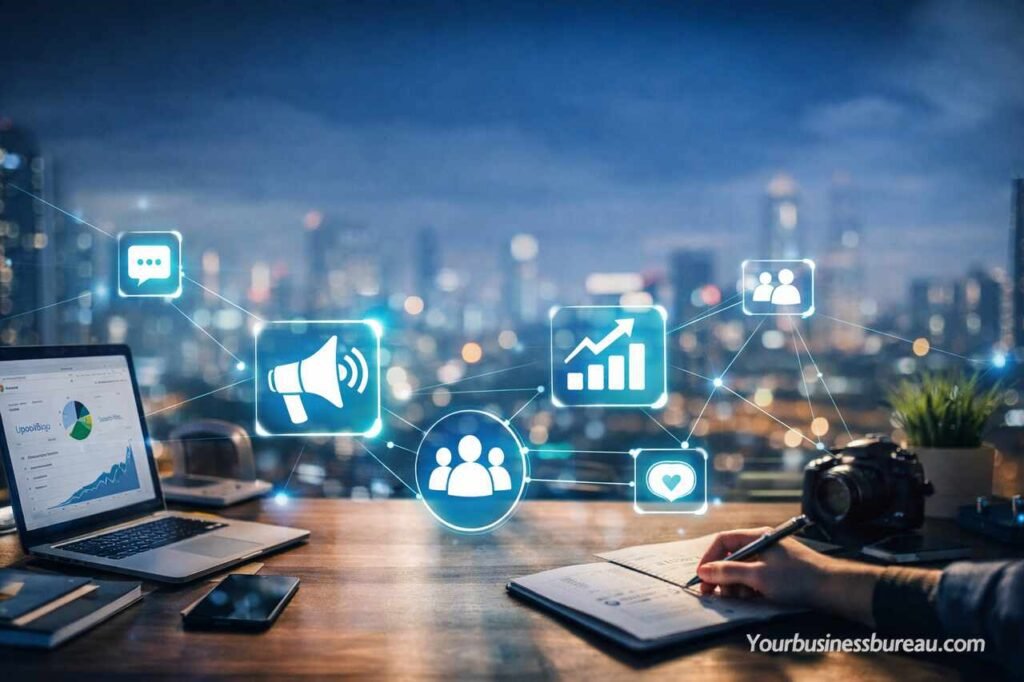 Digital marketing workspace with analytics and audience engagement visuals