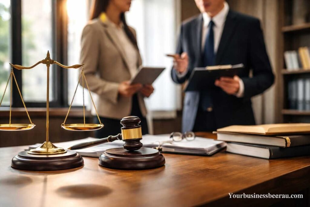 Business litigation lawyer consulting client in office