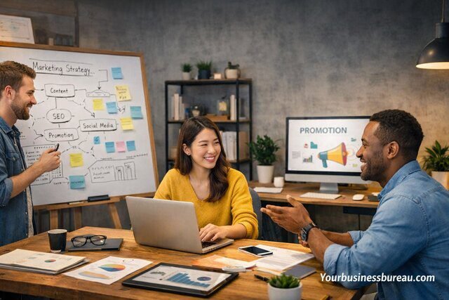 Business team planning digital marketing strategy in office