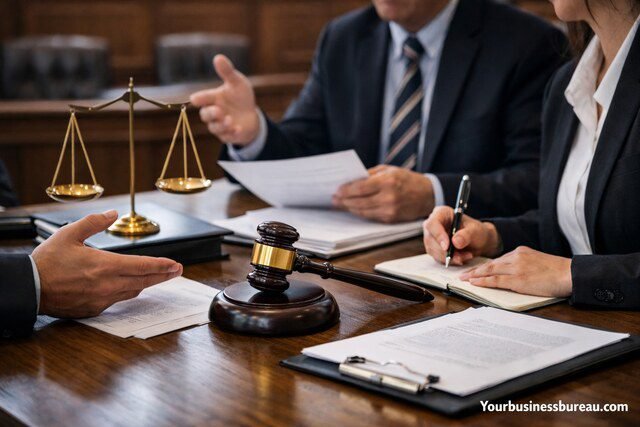 Business litigation discussion with attorneys, legal documents, and courtroom symbols