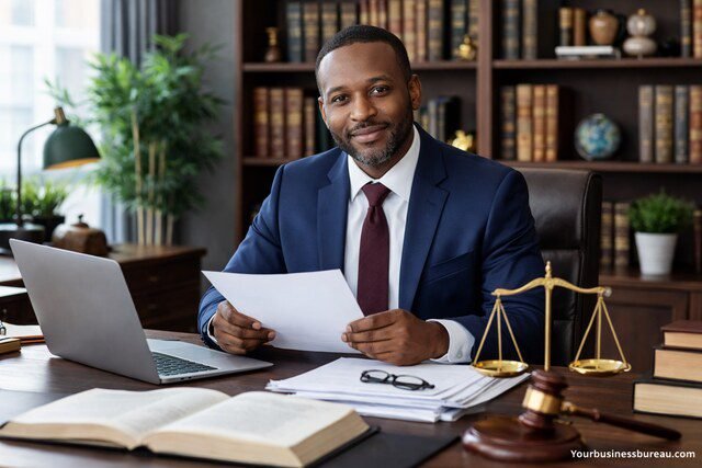 Business litigation lawyer reviewing legal documents in office