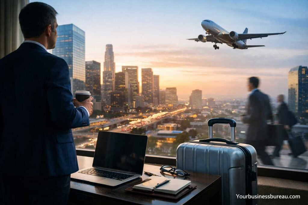 The Business Trip: Strategic Travel for Professional Growth and Real-World Results Businessman on a business trip working with laptop and suitcase in city hotel room