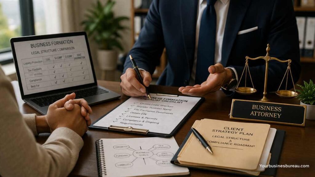 Business formation lawyer consultation with legal documents