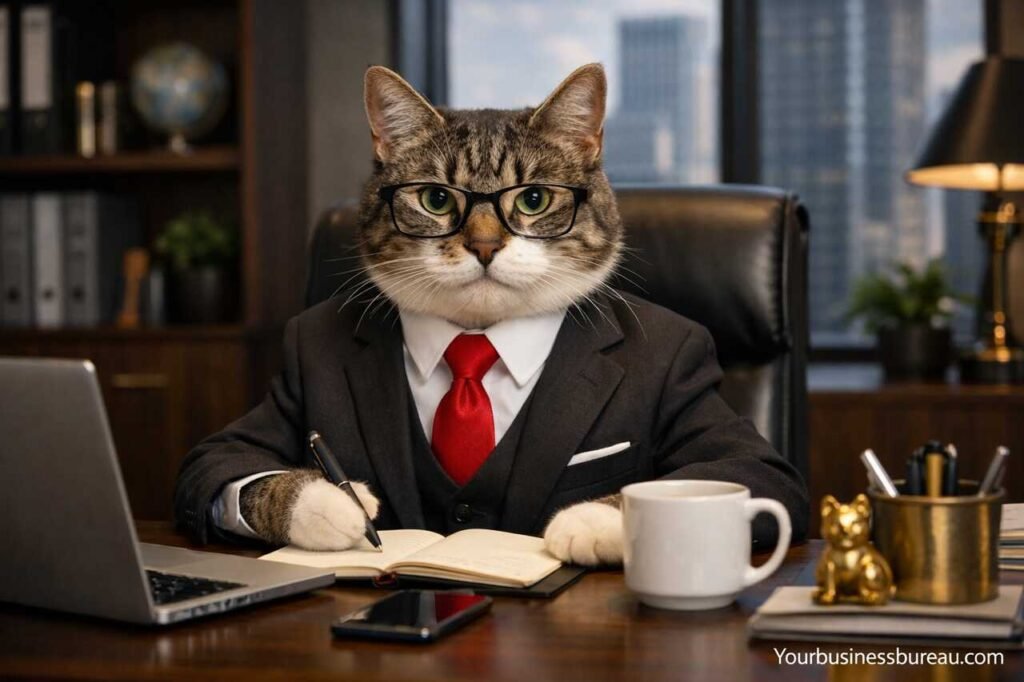 Business cat in suit working at desk representing brand identity