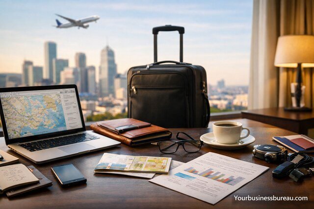 Business travel planning workspace with laptop and suitcase