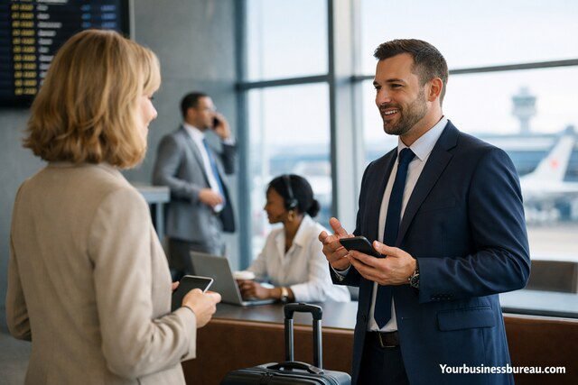 Business professionals communicating during a trip at an airport