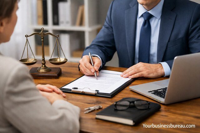 Business formation lawyer consulting a startup client over legal documents