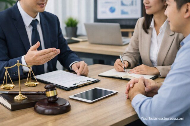 Lawyer advising business team on growth strategy