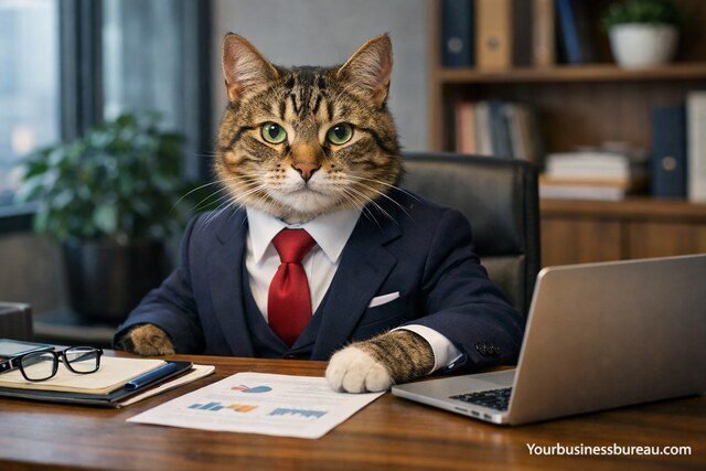 Business cat in suit working at office desk