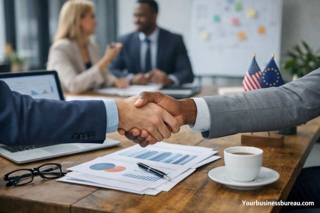 Business partners shaking hands over strategy documents