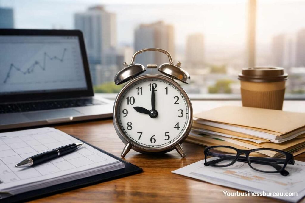 How Long Is One Business Day: Definition, Timeframes, and Real-World Practical Meaning Office desk with clock representing one business day