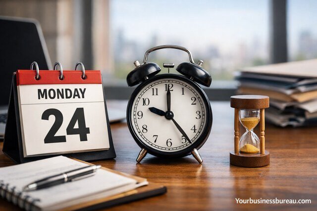 Business day meaning concept with calendar and clock on desk