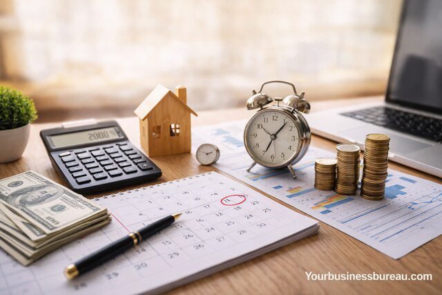 Business days banking concept with calendar and finance tools