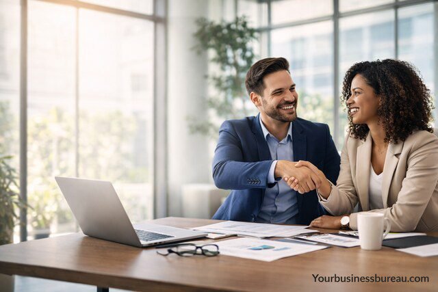 business partners shaking hands in office
