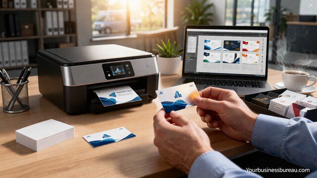 Business card printer printing cards on office desk