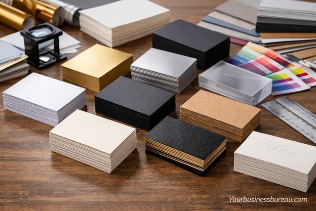 Business card printing materials and paper types displayed on desk