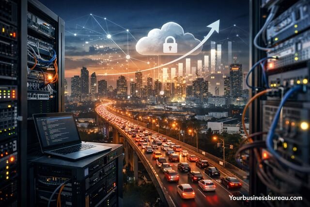 Overloaded servers and traffic symbolizing technology infrastructure scaling barrier