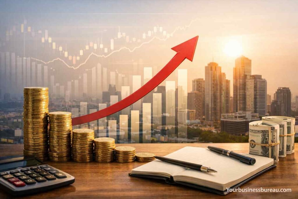 Income Peaks at the Highest Point of the Business Cycle: Understanding Economic Expansion Income peak during business cycle expansion with rising financial graph and city skyline