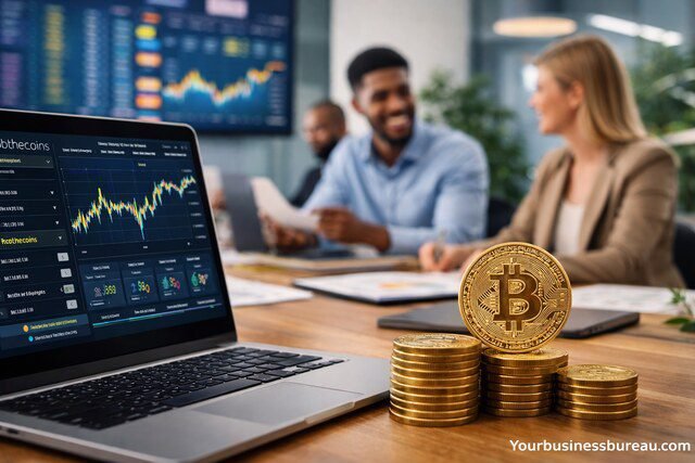 Robthecoins crypto business growth workspace with digital coins and trading charts