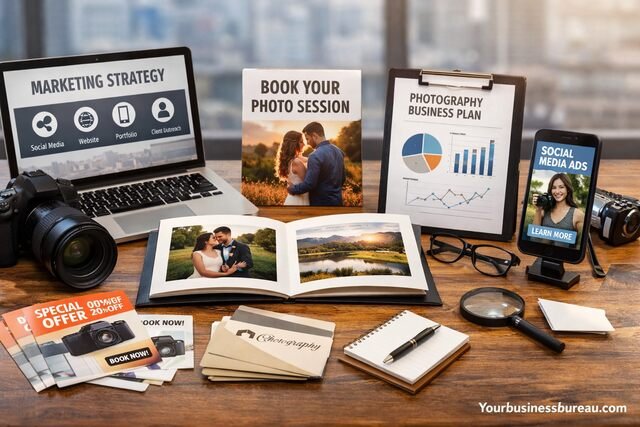 Photography business marketing tools setup with camera and laptop