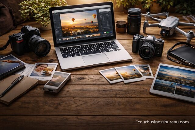 Photography gear and laptop showing niche photography work