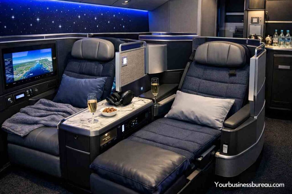 United Polaris Business Class cabin with lie-flat seats and premium amenities