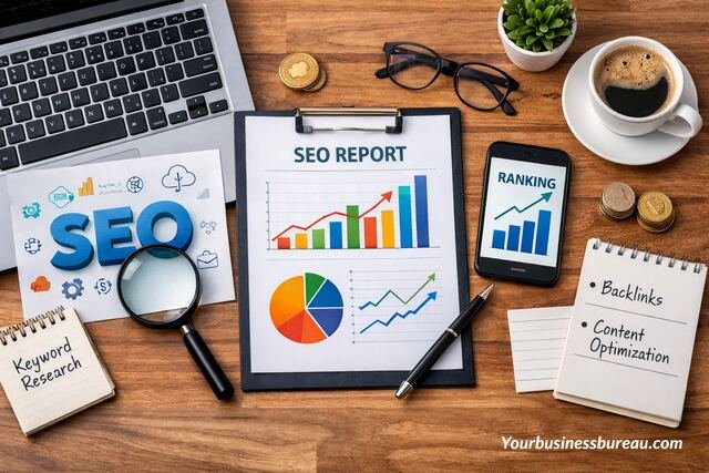 SEO tools and reports on desk showing keyword research and ranking growth
