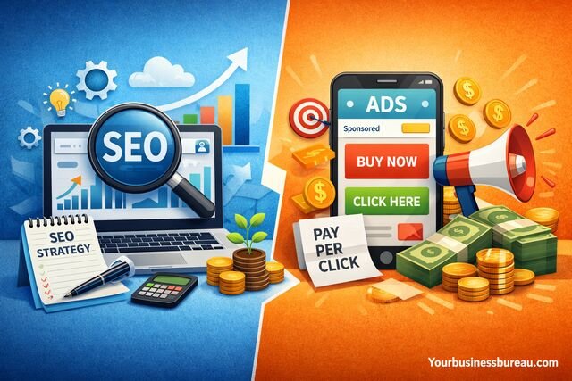 Affordable SEO vs paid advertising comparison illustration