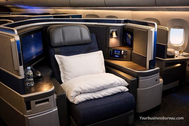 United Polaris business class seat with lie-flat bed and private pod design
