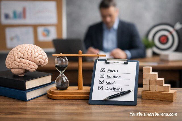 Cognitive discipline workspace with checklist and balance scale representing business consistency