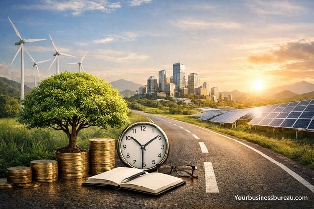 Long-term business sustainability concept with growth tree, coins, and green energy