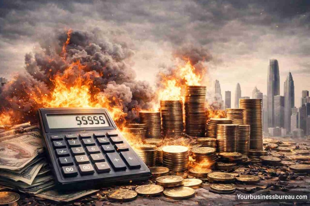 Burning coin stacks and calculator representing cost explosion during scaling in the US