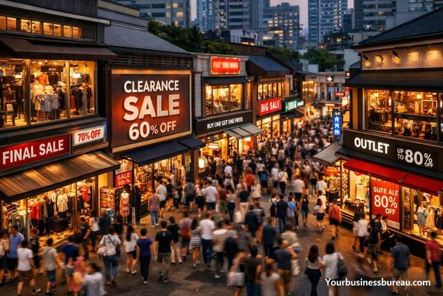 Busy shopping street showing intense market competition and market saturation.