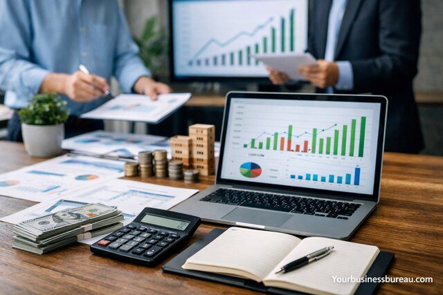 Business professionals analyzing cash flow reports during company scaling