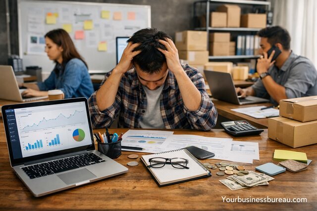 Small business owner stressed about limited resources and business growth challenges.