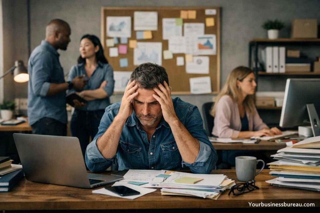 Founder Dependency Problems in US Small Businesses: Causes, Risks, and Sustainable Solutions Founder overwhelmed by responsibilities in a small business team environment