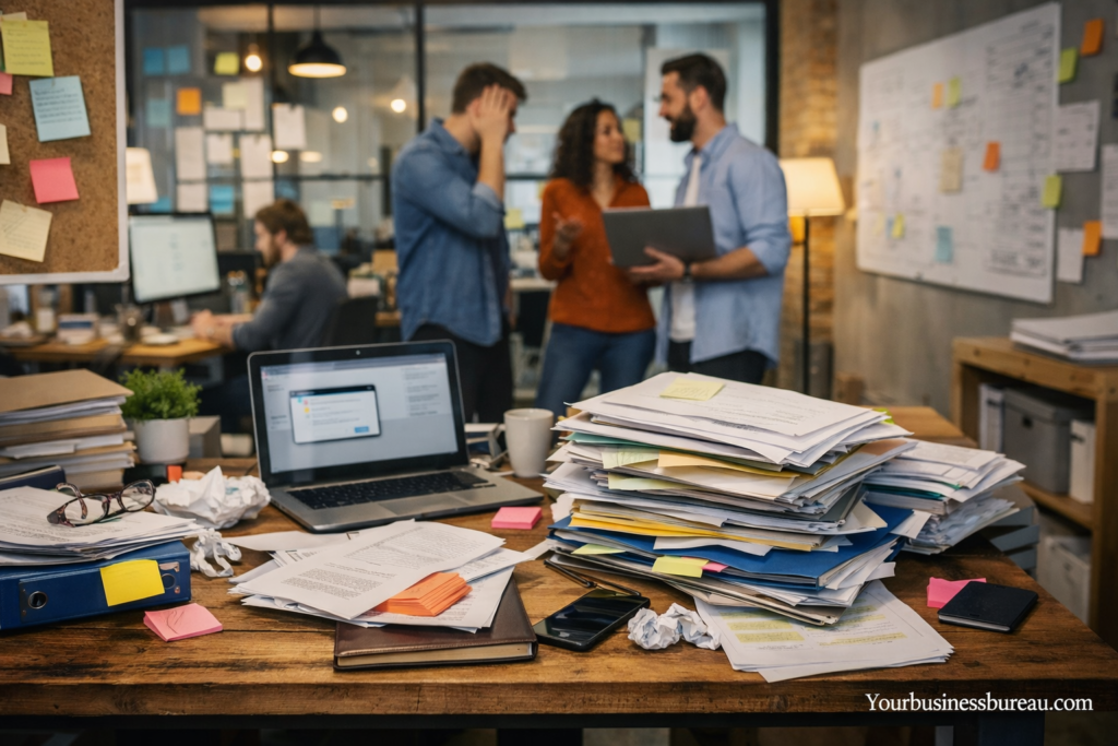 Lack of Documentation Issues in Growing US Startups: Causes, Risks, and Practical Solutions Startup team struggling with documentation and paperwork in a growing office