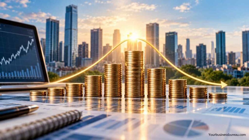 Income Peaks at the Highest Point of the Business Cycle: Understanding Economic Expansion Gold coin stacks illustrating income peaks at the highest point of the business cycle during economic expansion.