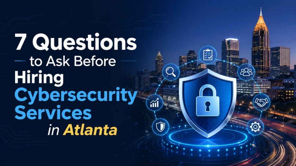 Cybersecurity services in Atlanta with digital shield and city skyline