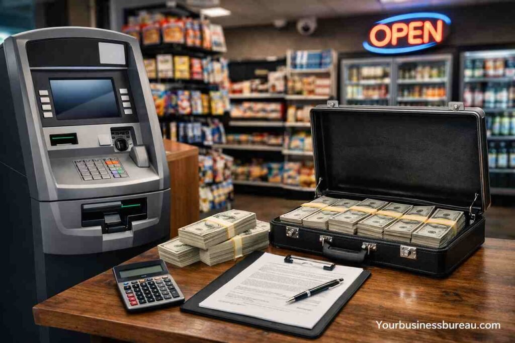 ATM machine with cash and business setup
