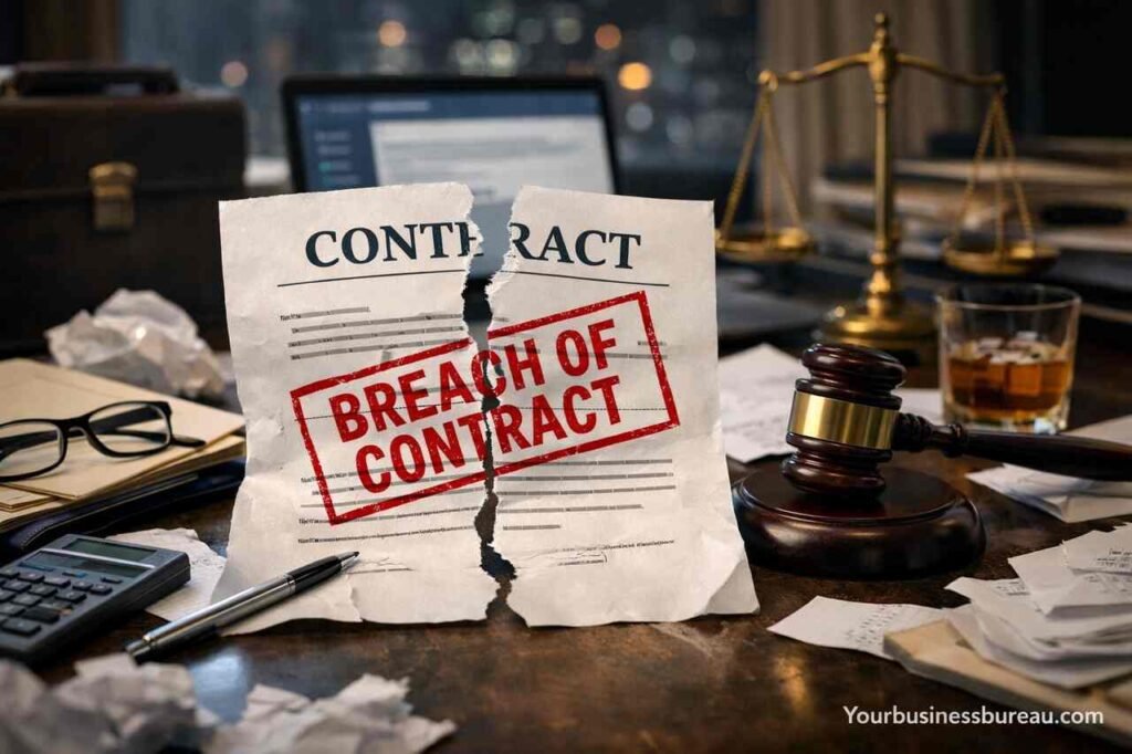 Torn business contract on desk with legal gavel and documents