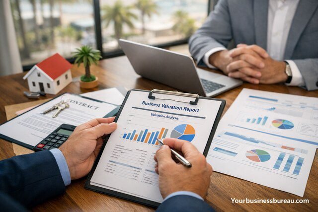 Florida business brokers reviewing valuation reports and financial data in office